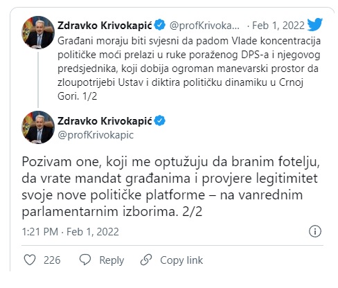 Krivokapić:“Padom Vlade koncentracija političke moći prelazi u ruke DPS-a“